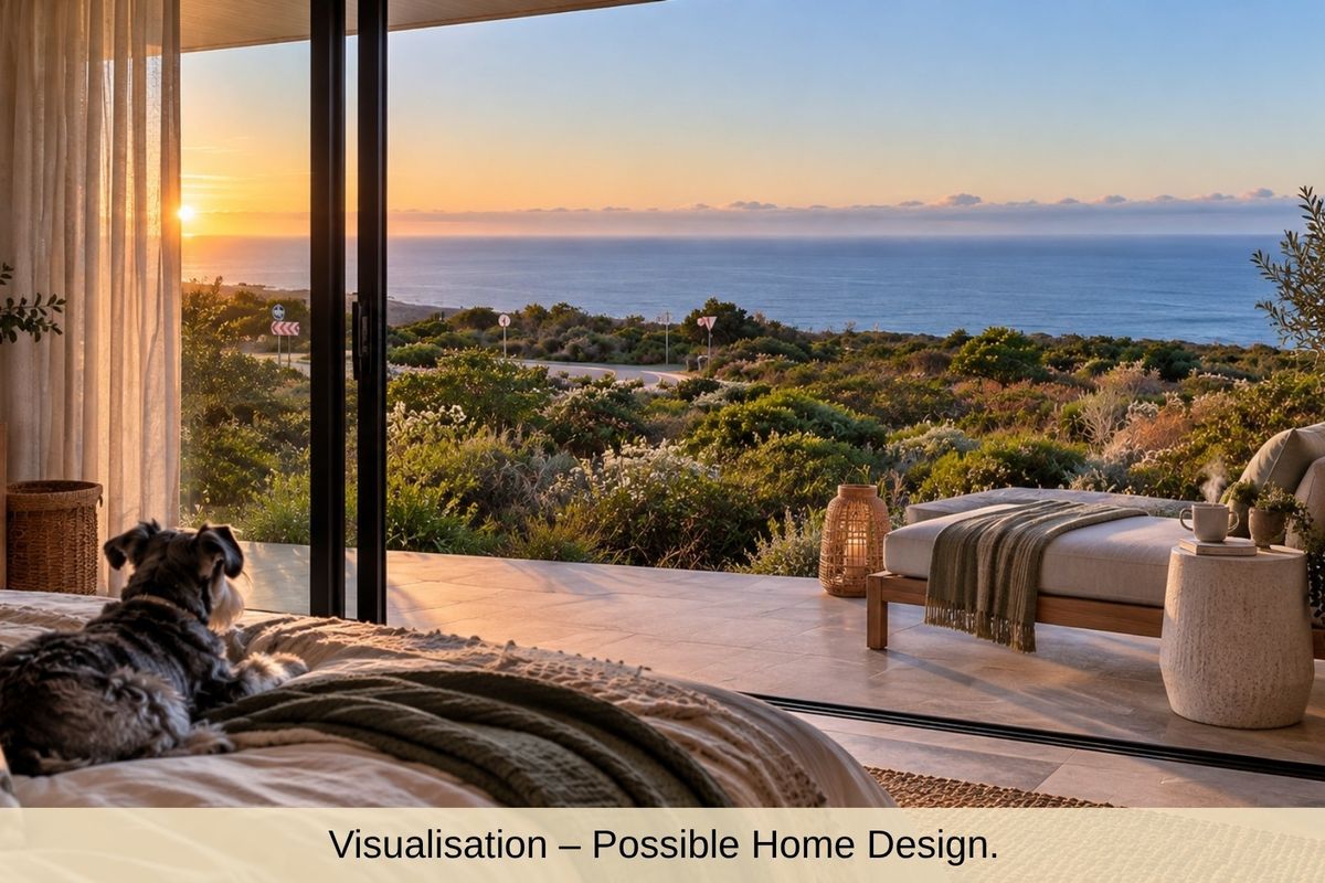 A bedroom featuring large sliding glass doors that open onto a patio with expansive ocean views, showcasing a modern architectural design.