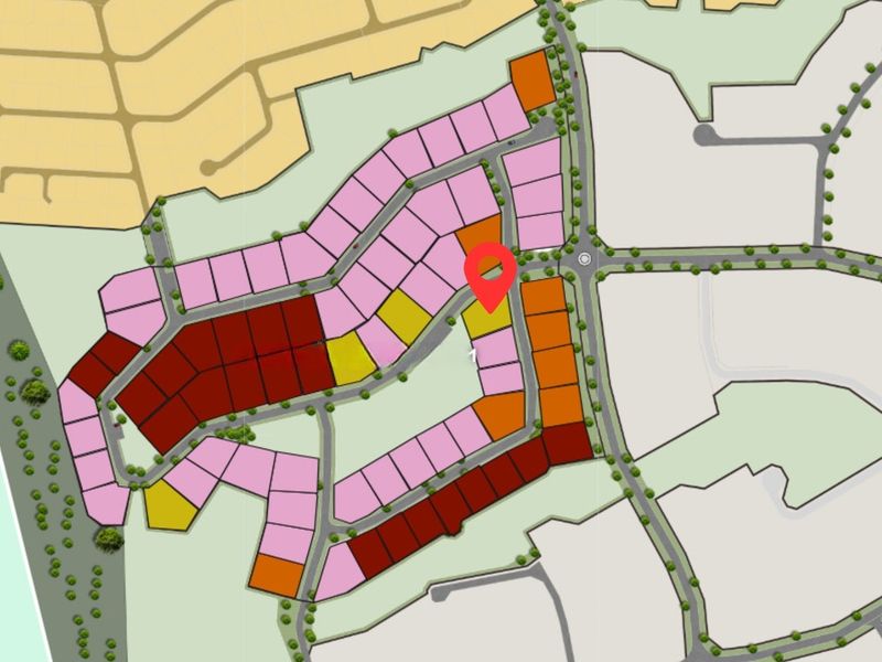 A site development plan showing the layout of residential plots within the estate, with a red marker indicating the specific property location.