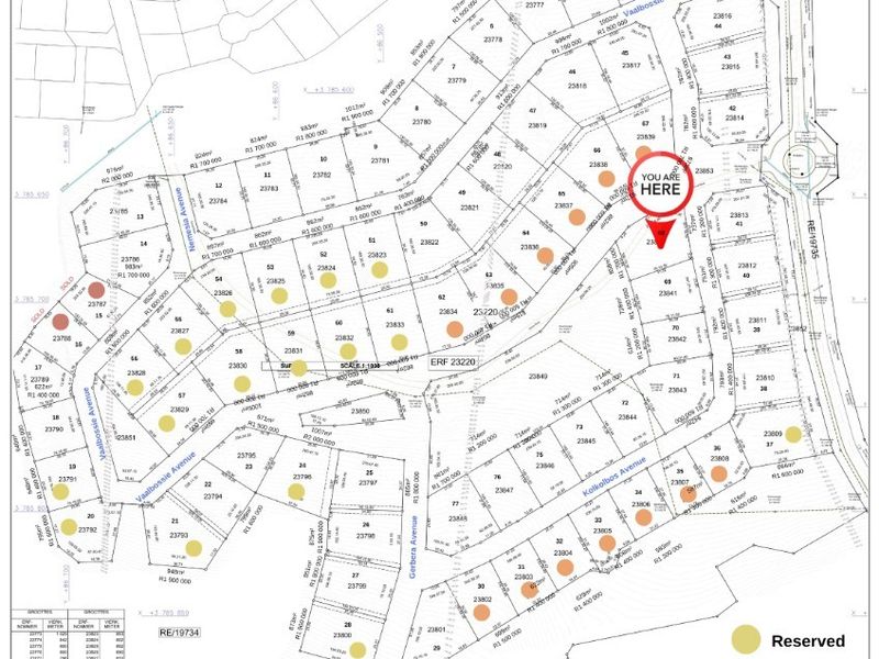 A detailed site development plan for Paradise Coast estate, showing individual residential erven, street layouts, and current sales status.