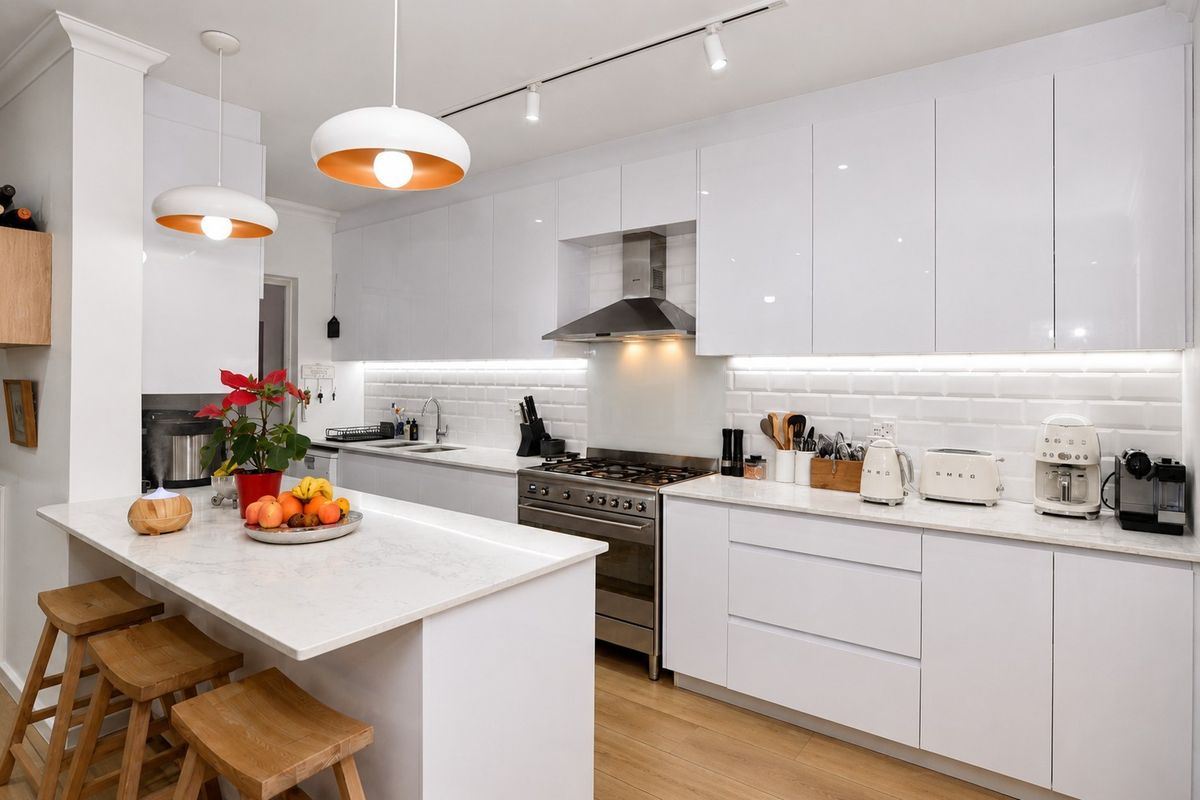 Modern kitchen featuring sleek white cabinetry, stone countertops, a central island, stainless steel gas range, and subway tile backsplash with integrated under-cabinet lighting.