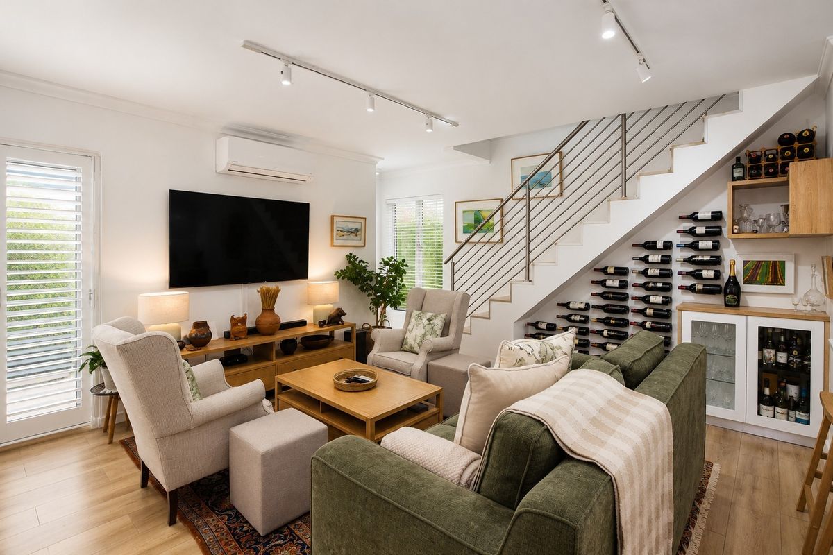 A well-appointed living room featuring a built-in wine storage rack under the staircase, track lighting, and split-system air conditioning.