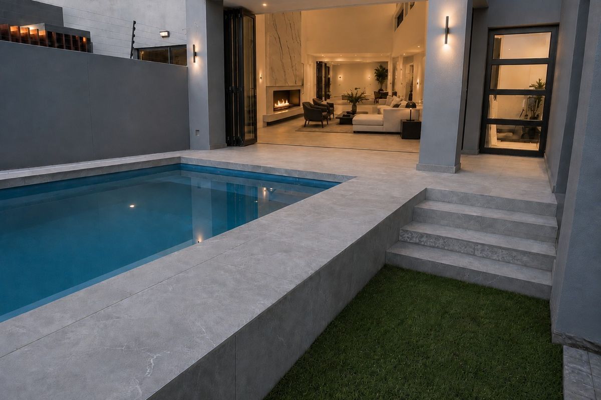 Modern rear exterior featuring a tiled patio, swimming pool, and seamless indoor-outdoor flow through large folding doors into the living area.