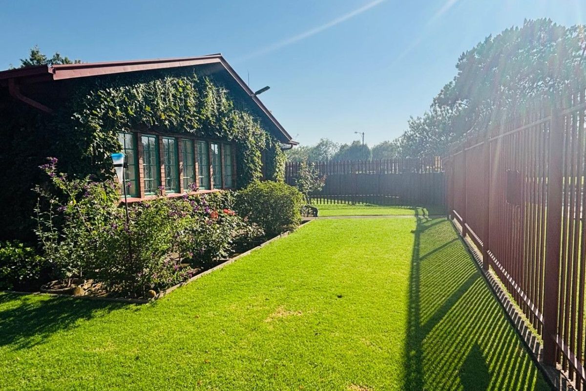 A well-maintained rear garden featuring a lush lawn, metal perimeter fencing, and a building facade adorned with climbing ivy.