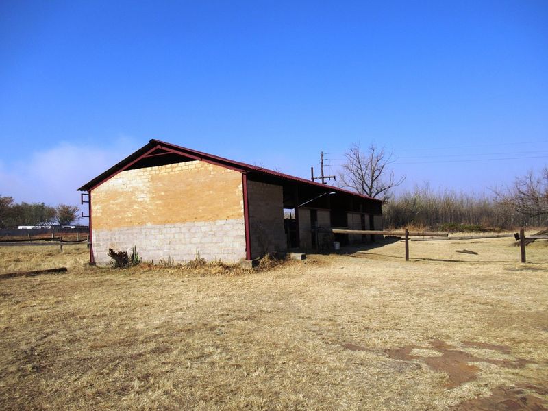 A rustic outbuilding or stable structure on a small holding, featuring a metal roof and open-sided design, set within a dry, open field.