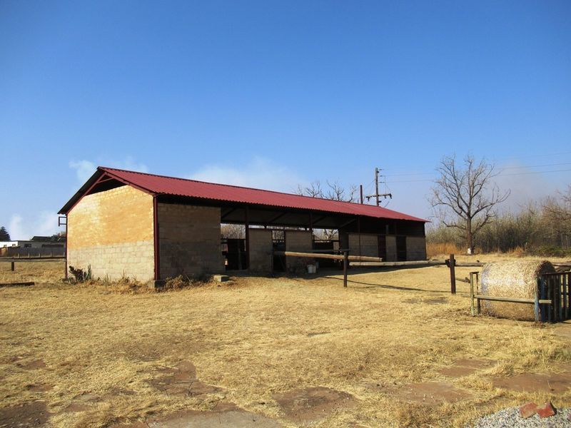 A functional agricultural outbuilding or stable structure featuring a red metal roof and open-sided design, situated on a rural small holding.