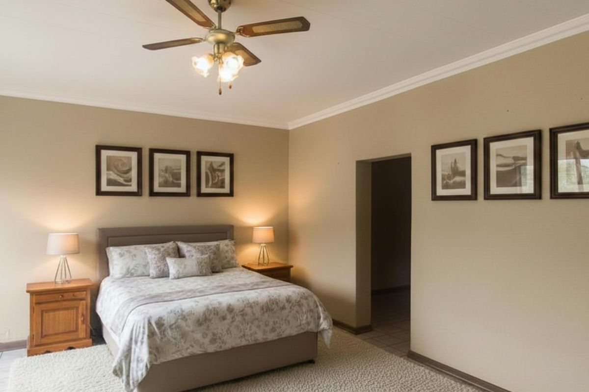 A spacious bedroom featuring neutral wall tones, a ceiling fan, and tiled flooring, providing a comfortable and well-maintained living space.