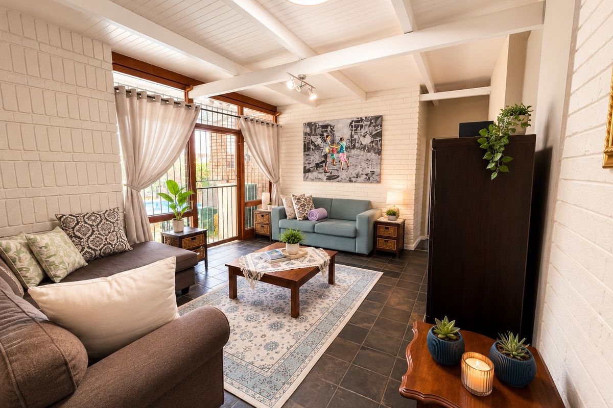 A cozy living room featuring exposed white-painted brick walls, a beamed ceiling, and dark tiled flooring with direct access to an outdoor patio area.