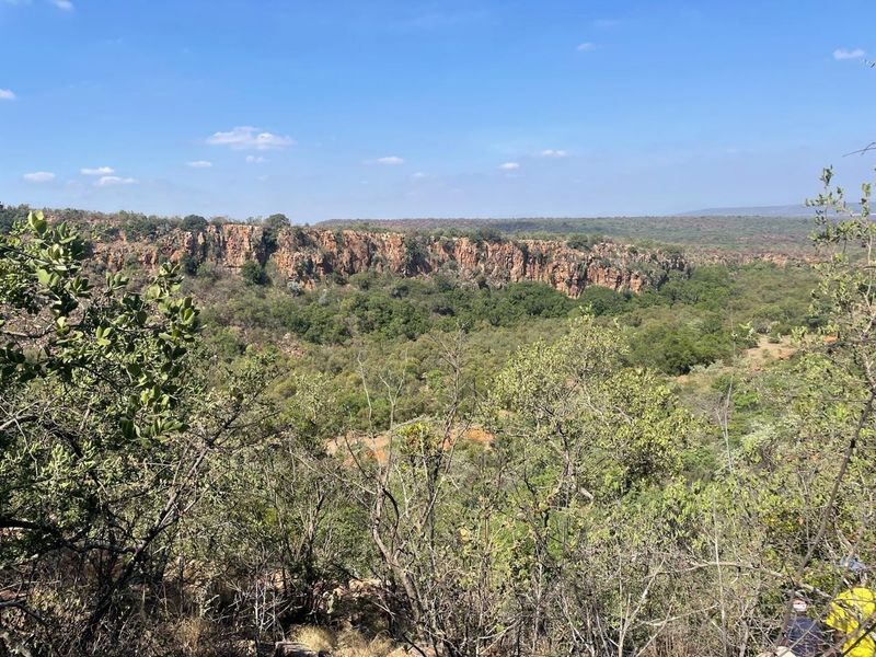A scenic view overlooking a natural valley featuring a prominent rocky cliff face and dense indigenous bushveld vegetation.