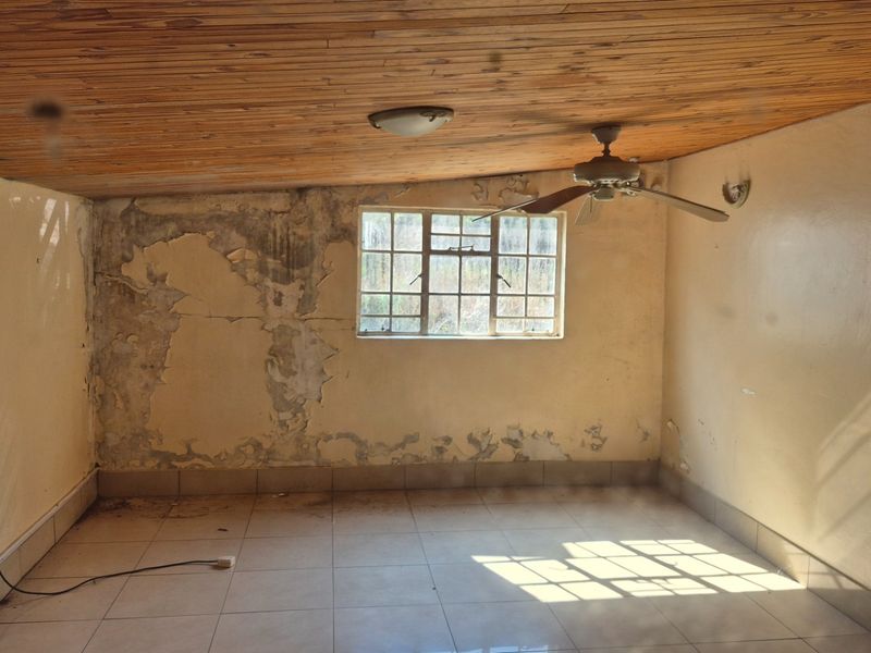 An empty bedroom featuring a timber ceiling, ceiling fan, and tiled flooring, currently requiring significant wall repairs and cosmetic renovation.