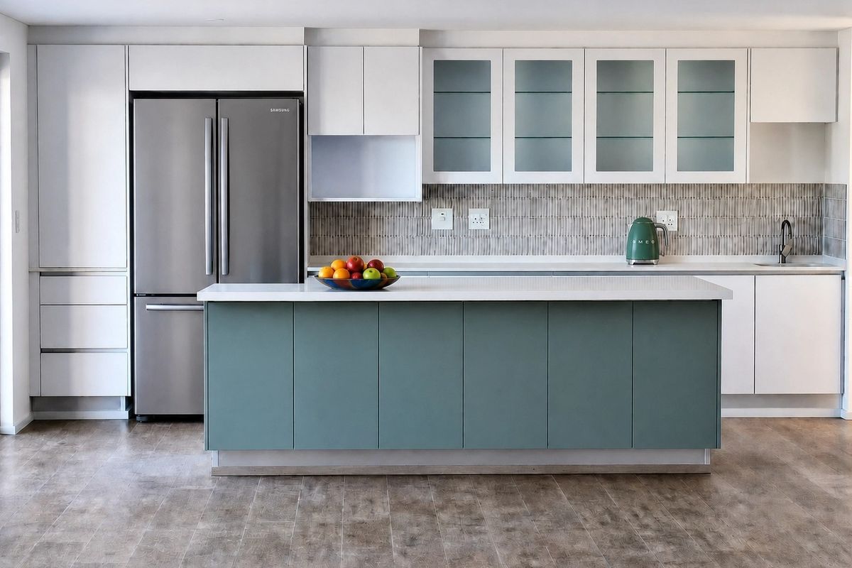 Modern kitchen featuring a central island, sleek white and sage cabinetry, stone countertops, and a stylish tiled backsplash.