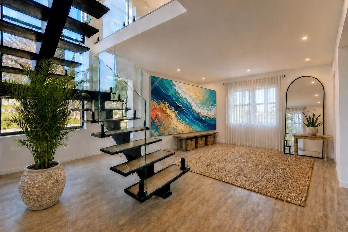 Spacious living area featuring a modern floating staircase with glass balustrades, recessed lighting, and neutral timber-look flooring.