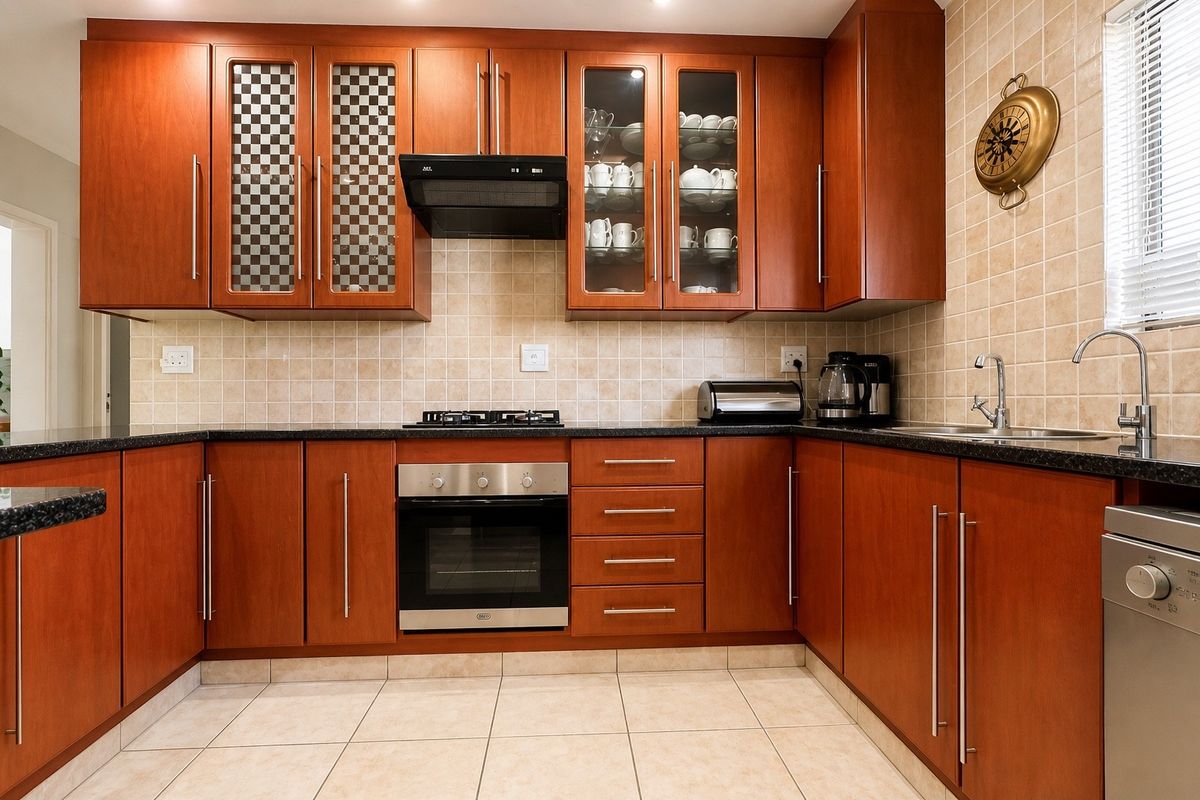 A functional kitchen featuring warm-toned wooden cabinetry, granite countertops, a gas hob, built-in oven, and neutral tiled finishes throughout.