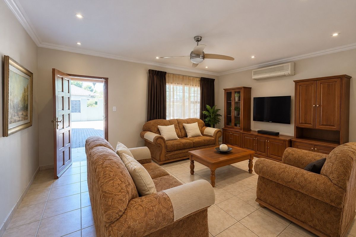 A well-maintained living room featuring tiled flooring, recessed downlighting, a ceiling fan, and a wall-mounted split-system air conditioner, with direct access to the exterior.