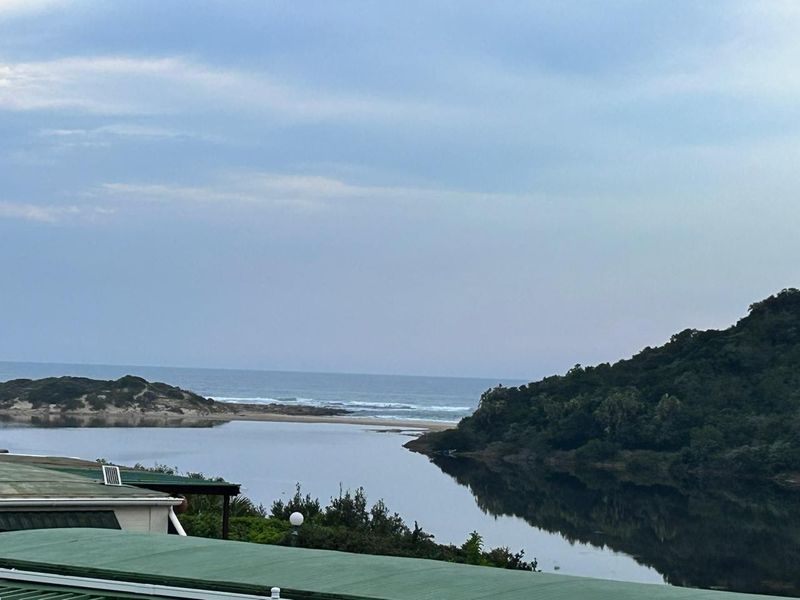 A scenic elevated view overlooking a tranquil river estuary meeting the ocean, framed by natural coastal landscape and greenery.