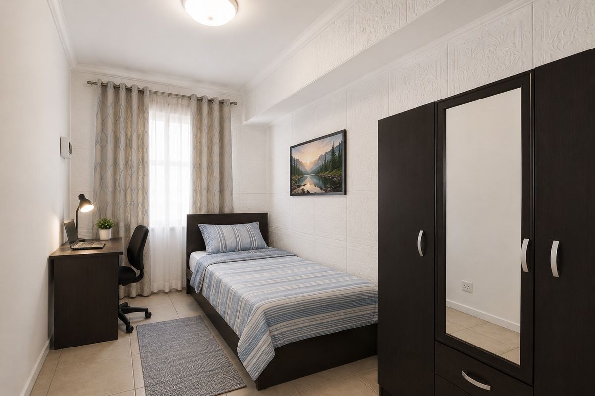 A well-maintained bedroom featuring tiled flooring, textured wall detailing, ceiling cornicing, and a built-in wardrobe with a mirrored panel.