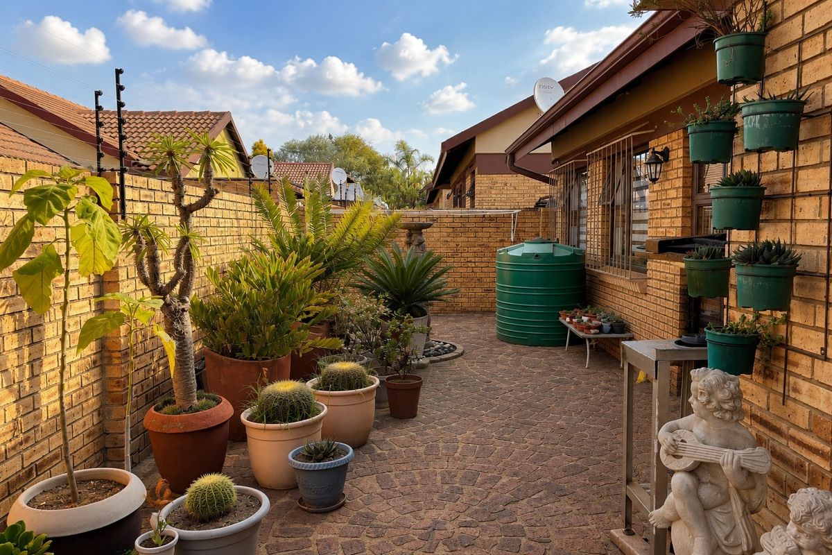 A private side courtyard featuring paved flooring, face-brick walls, a water storage tank, and wall-mounted planters.