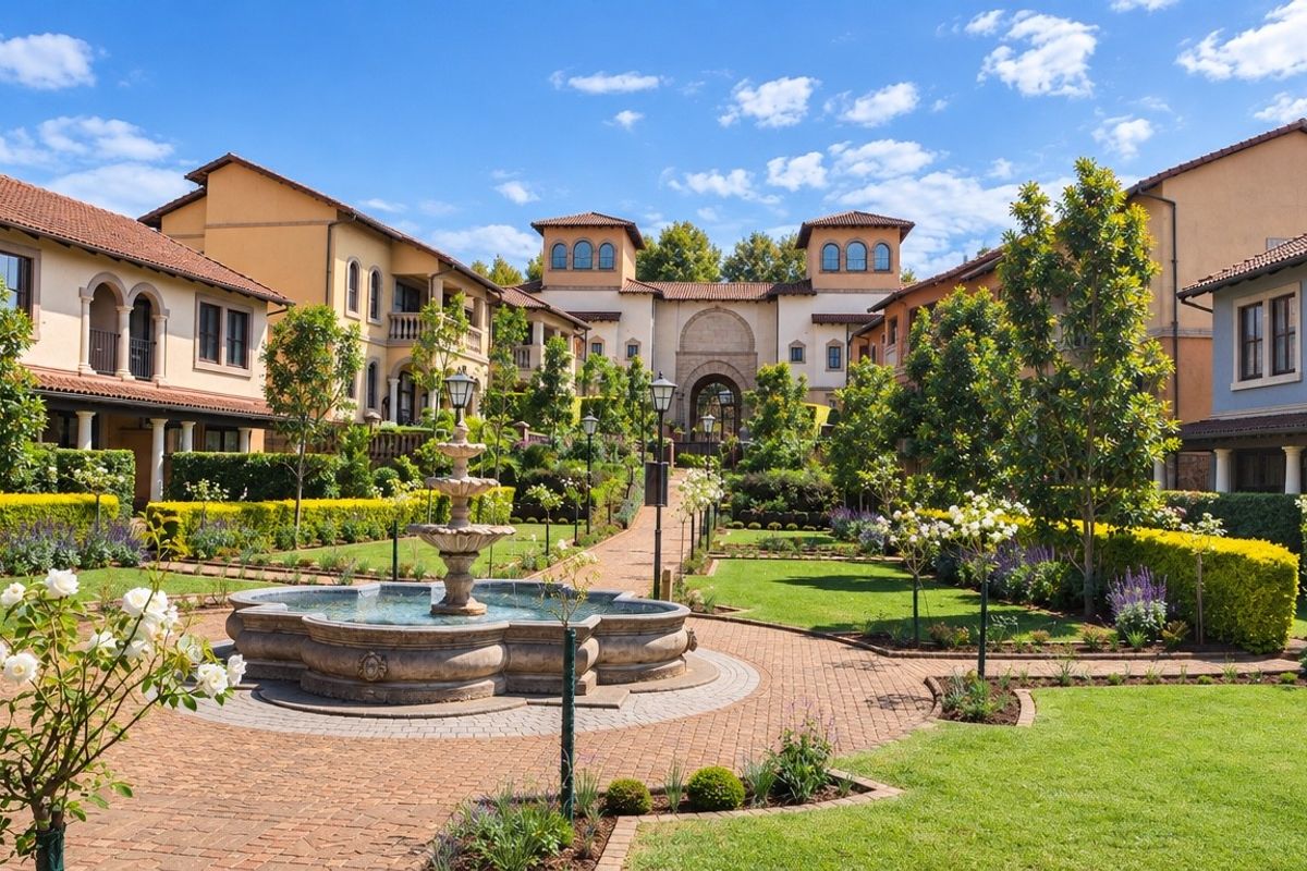 A beautifully landscaped central courtyard featuring a stone fountain, brick pathways, and well-maintained gardens surrounded by Mediterranean-style apartment buildings.