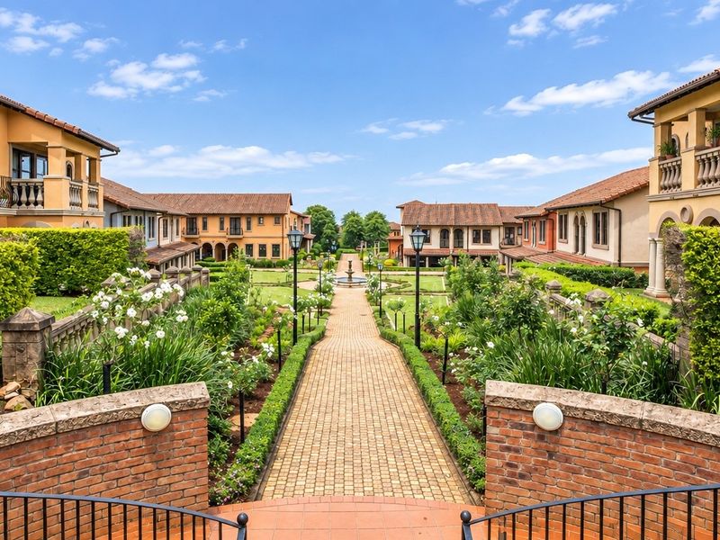 A beautifully landscaped central garden courtyard featuring a brick-paved walkway, manicured hedges, stone retaining walls, and a central fountain between apartment buildings.