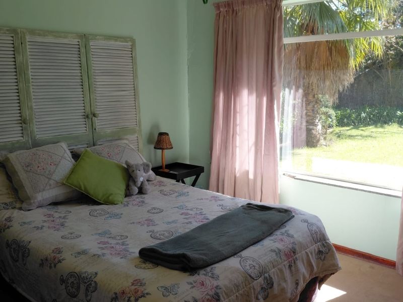 A bedroom featuring a large window with garden views and carpeted flooring, offering a bright and functional living space.