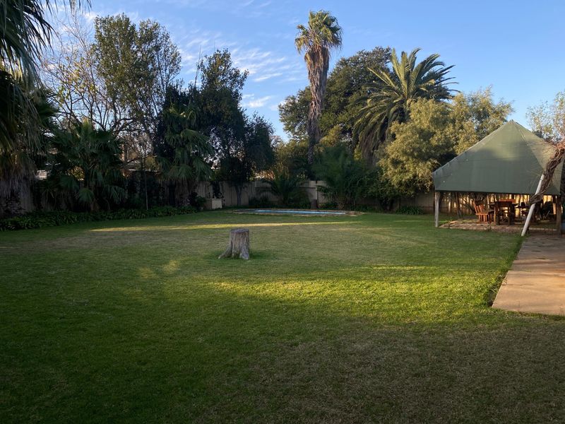 Spacious backyard featuring a large lawn, established trees, a swimming pool, and a covered patio area.