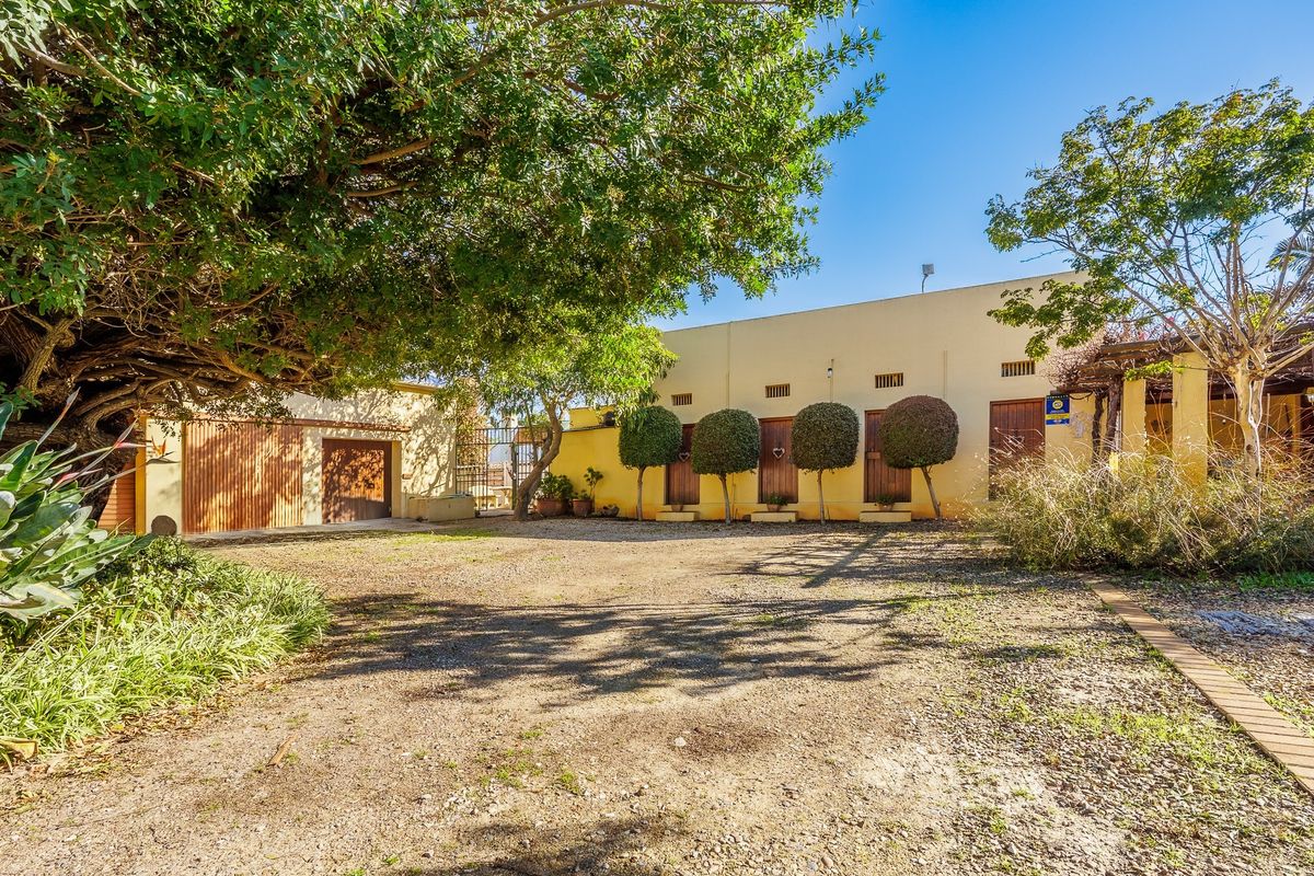 A spacious exterior courtyard area featuring a gravel driveway, mature trees, and multiple access points to the property's main building structure.
