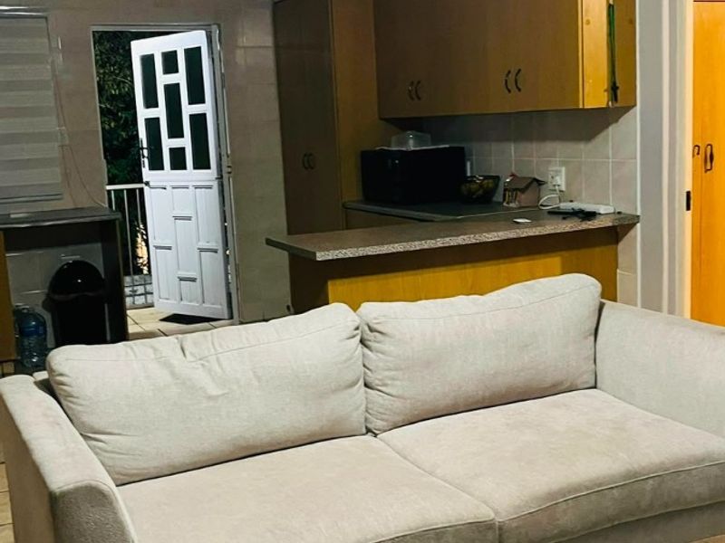 Open plan living area featuring a kitchen with built-in cabinetry and a breakfast counter, seamlessly flowing into the lounge space.