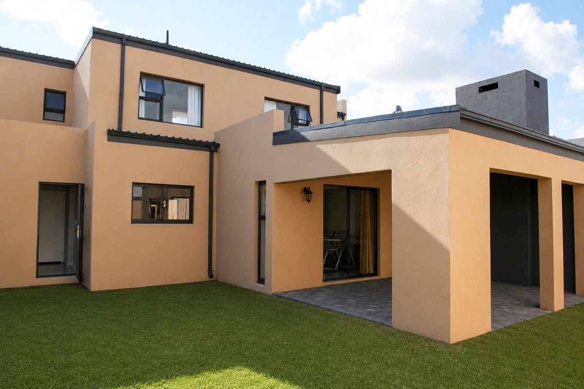 Rear view of a modern two-story house featuring a covered patio, paved flooring, and a well-maintained lawn.