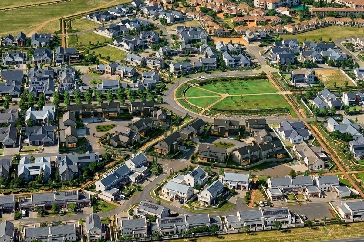 An aerial view of a well-planned residential estate featuring numerous detached homes, paved streets, and a central communal green space.