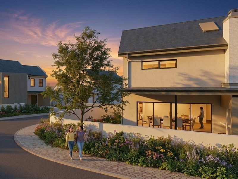 A modern residential exterior featuring a pitched roof, chimney, and large sliding glass doors opening onto a paved walkway and landscaped garden area.
