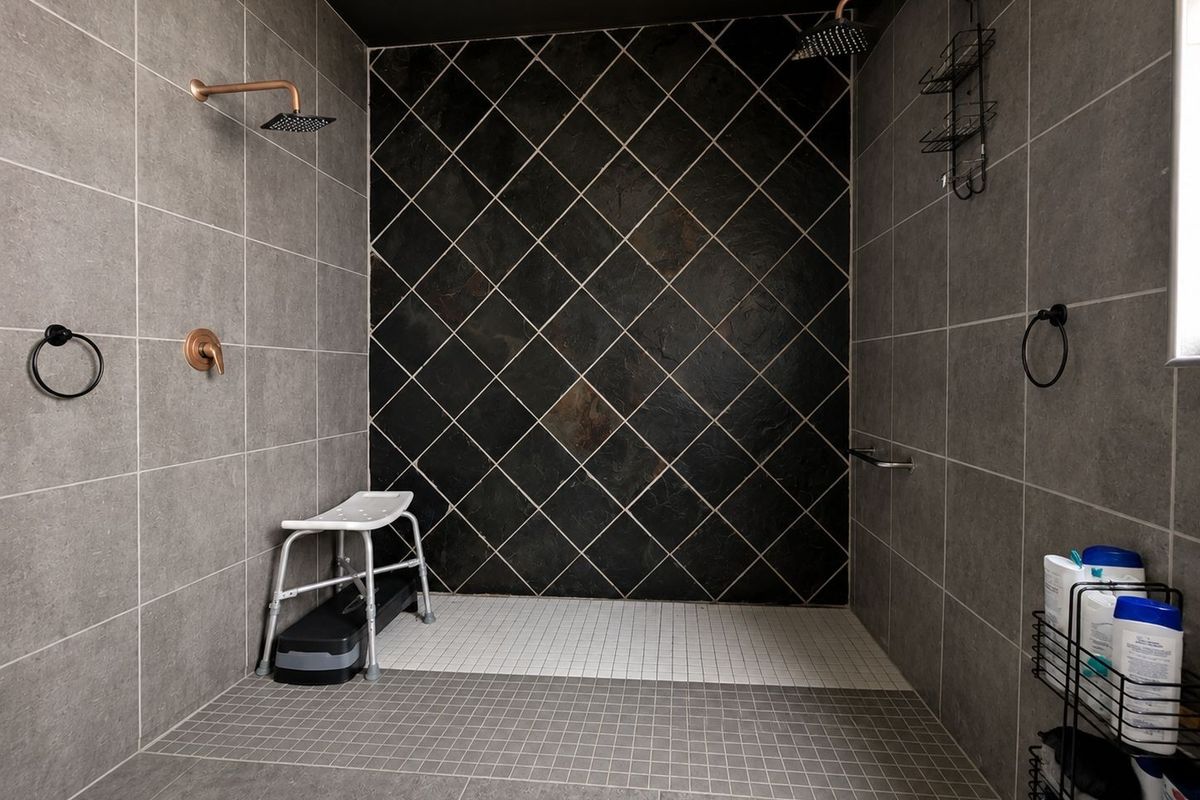 Modern walk-in shower featuring dual copper rainfall showerheads, dark slate-style accent tiling, and grey wall tiles with a mosaic floor finish.