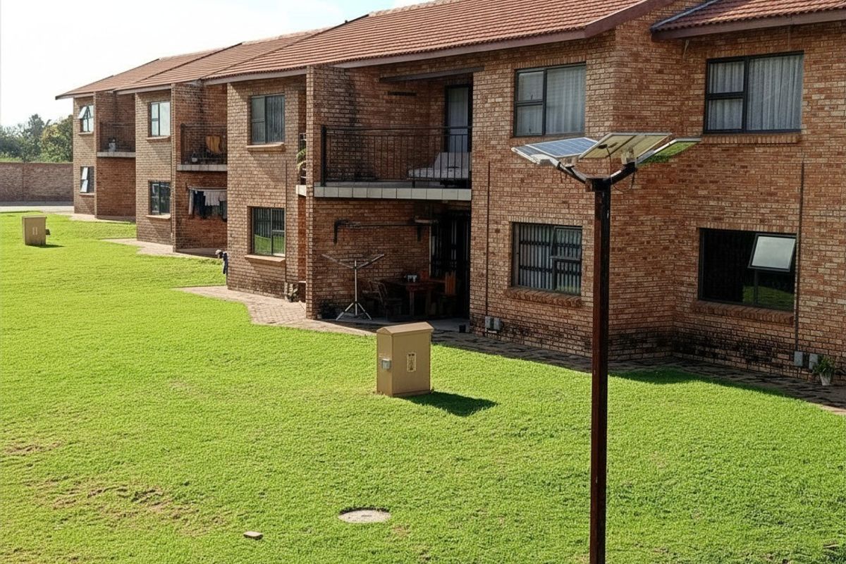 Exterior view of a multi-story brick apartment complex featuring private balconies and a shared communal lawn area.