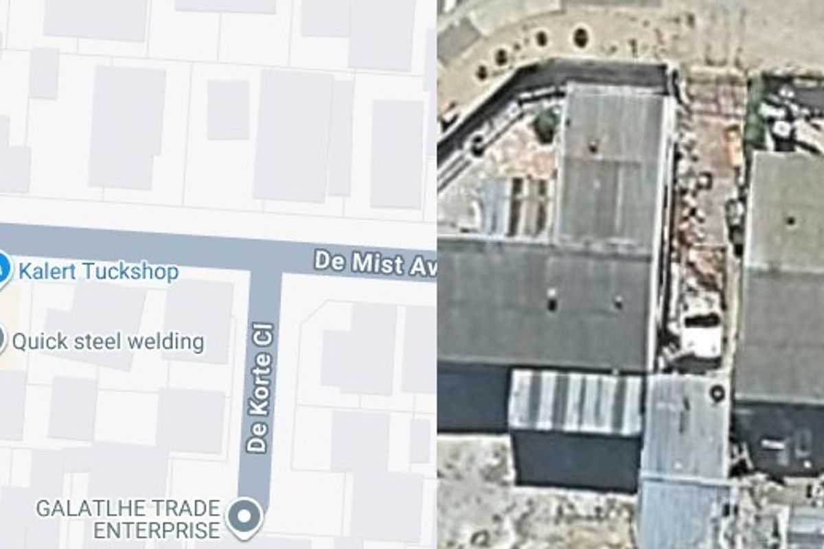 An aerial view showing the property footprint and surrounding street layout in a residential area.