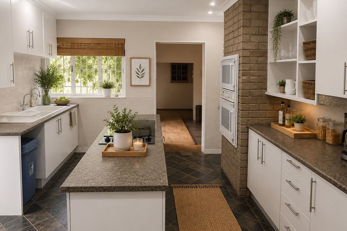 A well-maintained kitchen featuring white cabinetry, stone-look countertops, a central island with a built-in hob, and a distinctive brick feature wall with integrated ovens.