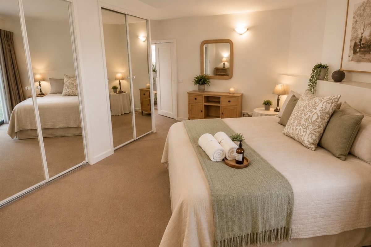 A well-maintained bedroom featuring neutral carpeting, built-in mirrored sliding wardrobes, and wall-mounted lighting fixtures.