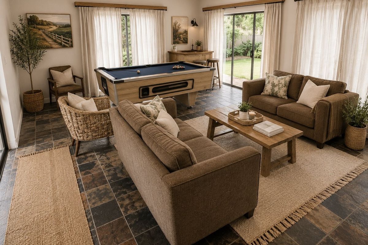 Spacious living area featuring slate tile flooring, large sliding glass doors providing garden access, and integrated lighting, ideal for entertainment and relaxation.