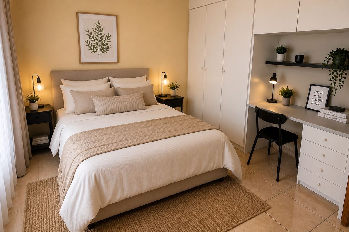 A well-presented bedroom featuring neutral tones, built-in cupboards, and a convenient integrated desk space with shelving.