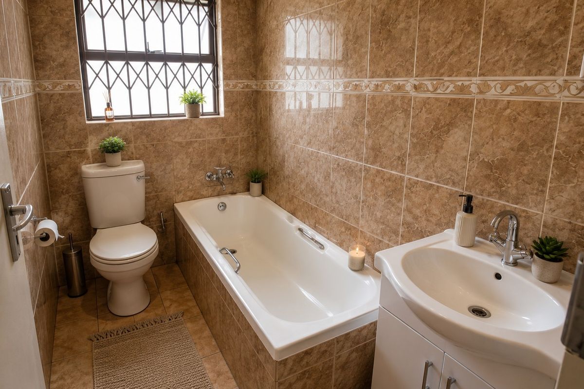 A functional bathroom featuring floor-to-ceiling ceramic tiling, a built-in bathtub, a vanity basin, and a toilet with security bars on the window.