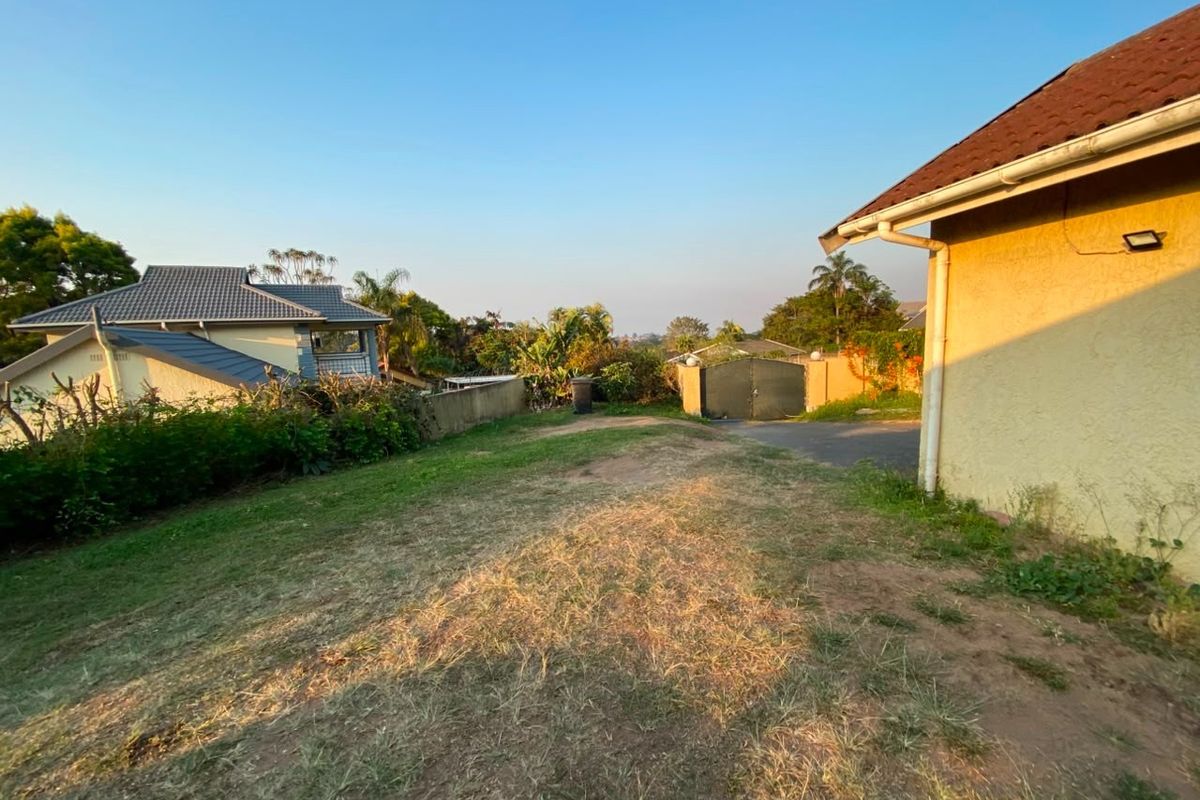 A view of the property's side yard and driveway area, featuring a grass lawn, boundary wall, and access gate.
