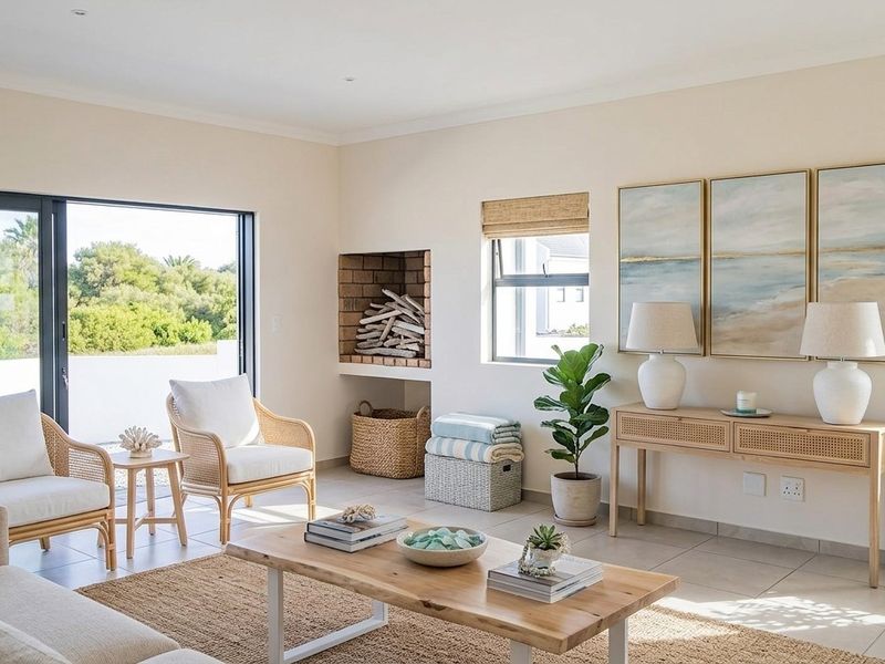 Bright and airy living room featuring tiled floors, a built-in recessed fireplace, and large sliding glass doors providing access to the outdoor area.