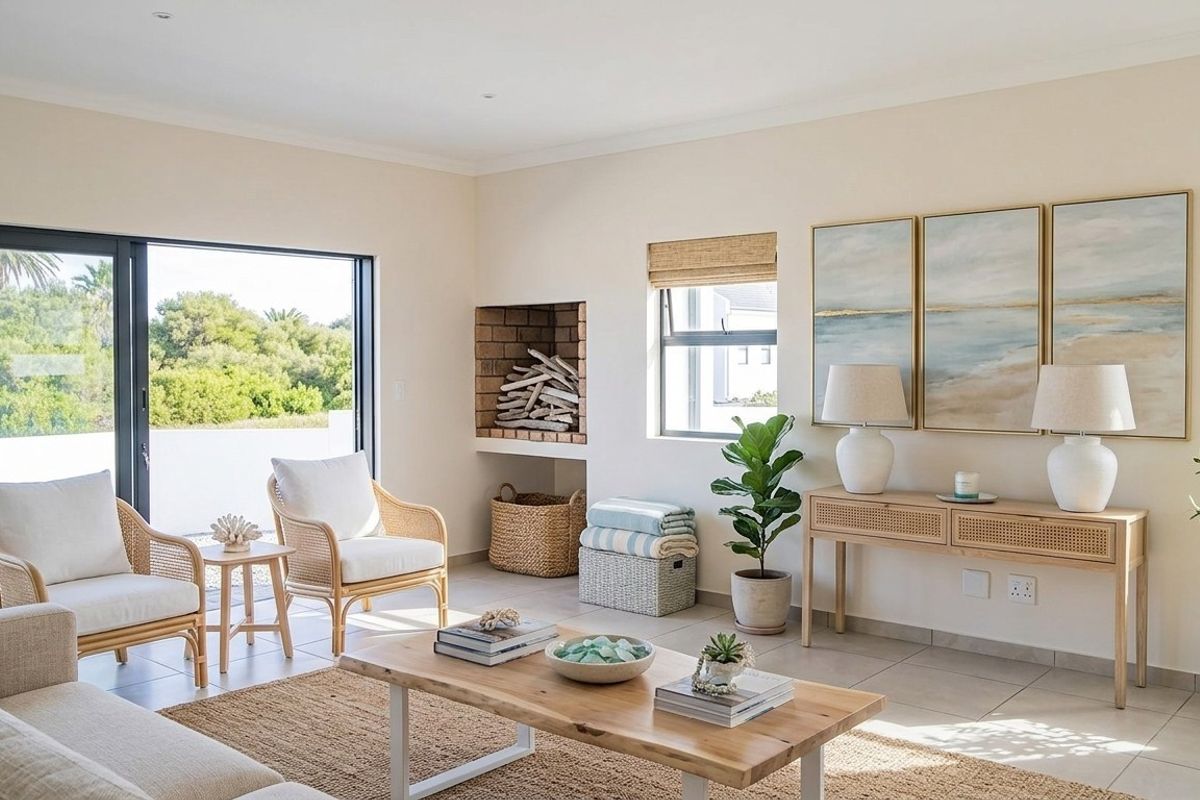 Bright and airy living room featuring tiled floors, a built-in recessed fireplace, and large sliding glass doors providing access to the outdoor area.