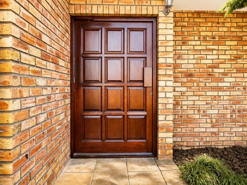 A well-maintained entrance featuring a classic timber panelled door set within a textured brick facade and a tiled porch area.
