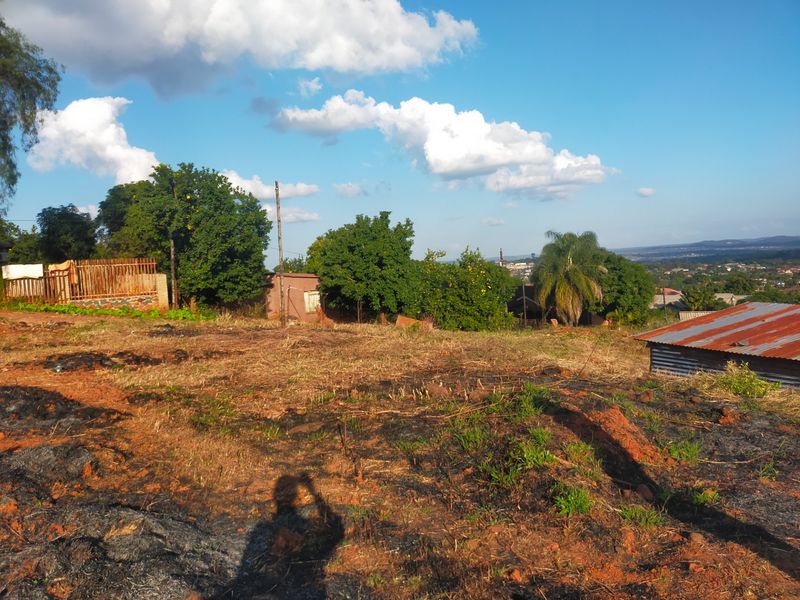 A view of a vacant residential plot featuring mature trees, perimeter fencing, and a small corrugated metal structure on the property.
