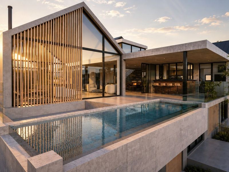 Modern architectural home featuring an infinity edge swimming pool, expansive glass walls, timber slat detailing, and a covered outdoor entertainment area with a bar.