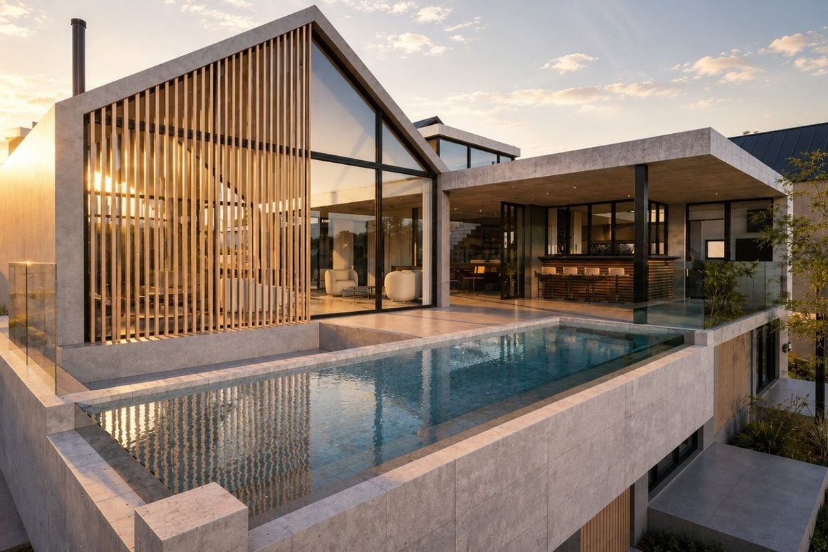 Modern architectural home featuring an infinity edge swimming pool, expansive glass walls, timber slat detailing, and a covered outdoor entertainment area with a bar.