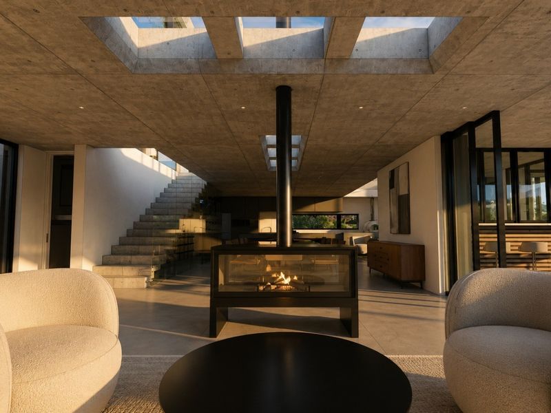 Spacious open-plan living area featuring an exposed concrete ceiling with skylights, a central modern fireplace, and a striking concrete staircase.
