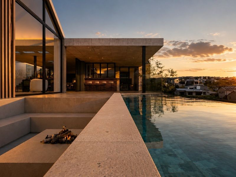 Luxury outdoor living area featuring an infinity edge swimming pool, sunken fire pit, and covered patio with expansive sunset views.