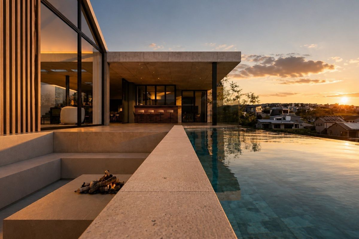 Luxury outdoor living area featuring an infinity edge swimming pool, sunken fire pit, and covered patio with expansive sunset views.