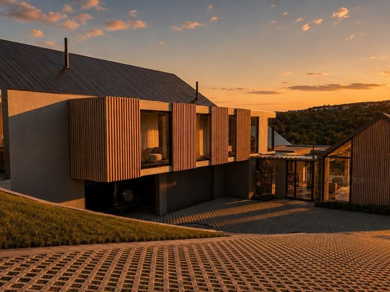 Modern architectural home featuring timber slat cladding, metal roofing, and a paved driveway, captured during sunset.