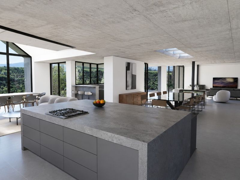Spacious open-plan living area featuring a modern kitchen island with integrated gas cooktop, exposed concrete ceilings, and expansive floor-to-ceiling windows with scenic views.