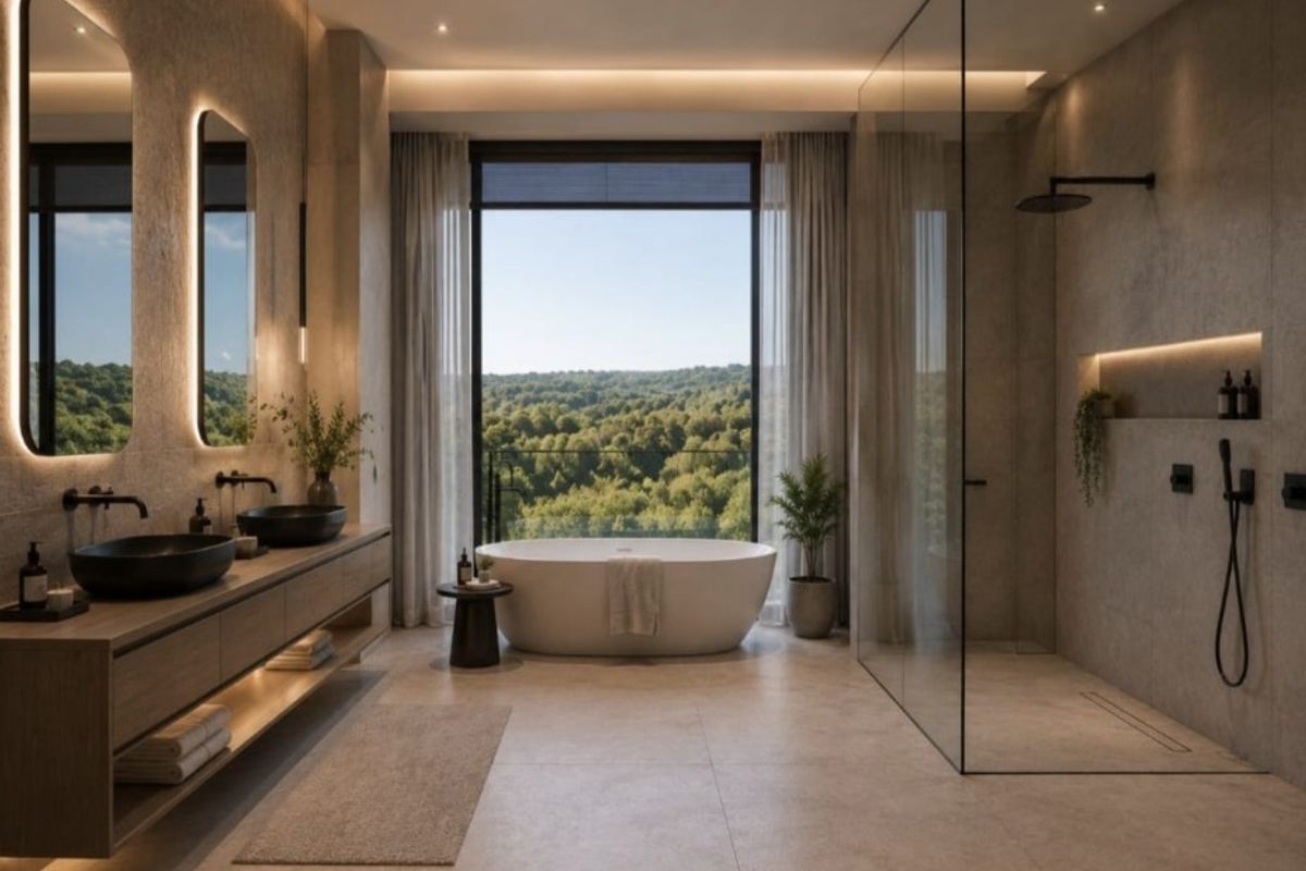 A luxurious modern bathroom featuring a double vanity, a freestanding bathtub, and a spacious walk-in glass shower with scenic forest views.